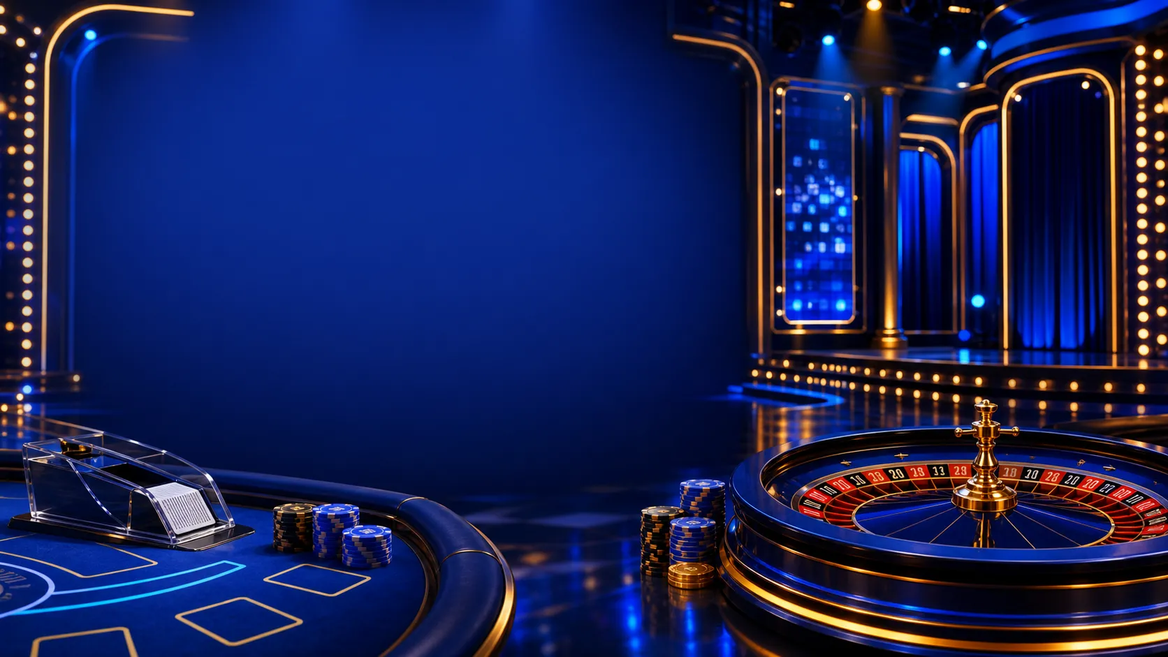 Blue and gold casino studio with roulette